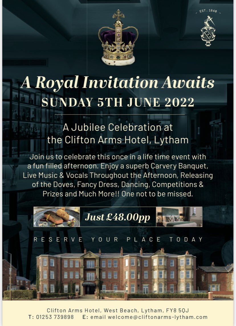 🇬🇧join us for our #JubileeCelebrations on 5th June 2022. Music, dancing, food &amp; releasing of the doves!🇬🇧
Book now by calling 01253 739898