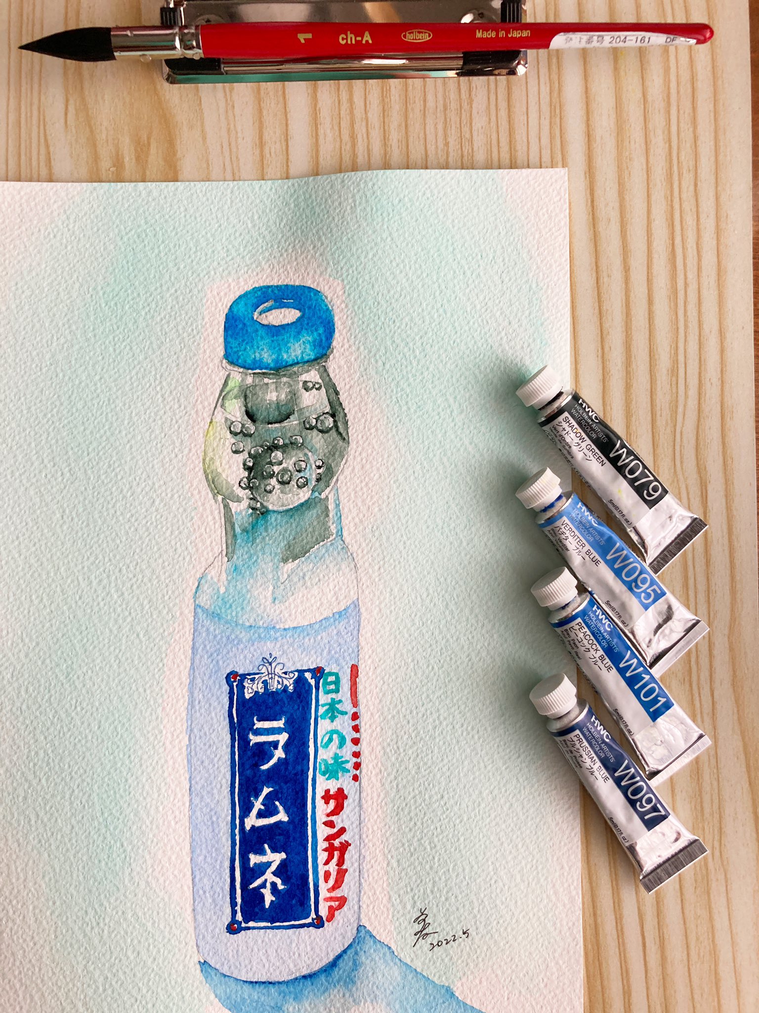 Maekitat 22 5 15 おはようございます 水彩マラソンのラストデーは ラムネのおかわり シャドーグリーンは 良い仕事します 見ていただいてありがとうございました アナログ絵 ラムネ サイダー日和 水彩強化マラソン22春 水彩日和 水彩