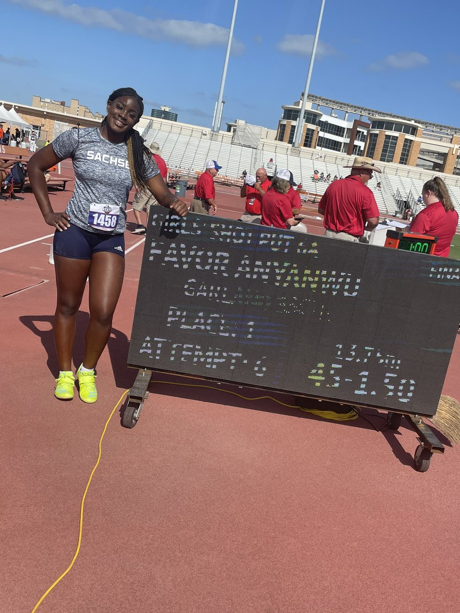 coachPattersonA's tweet photo. Mission Accomplished 🥇.  FAVOR IS THE UIL 6A Shot Put STATE CHAMPION!!  Today, That is the tweet. @RunStangs @favoranyanwu https://t.co/p5CLXL8o2M