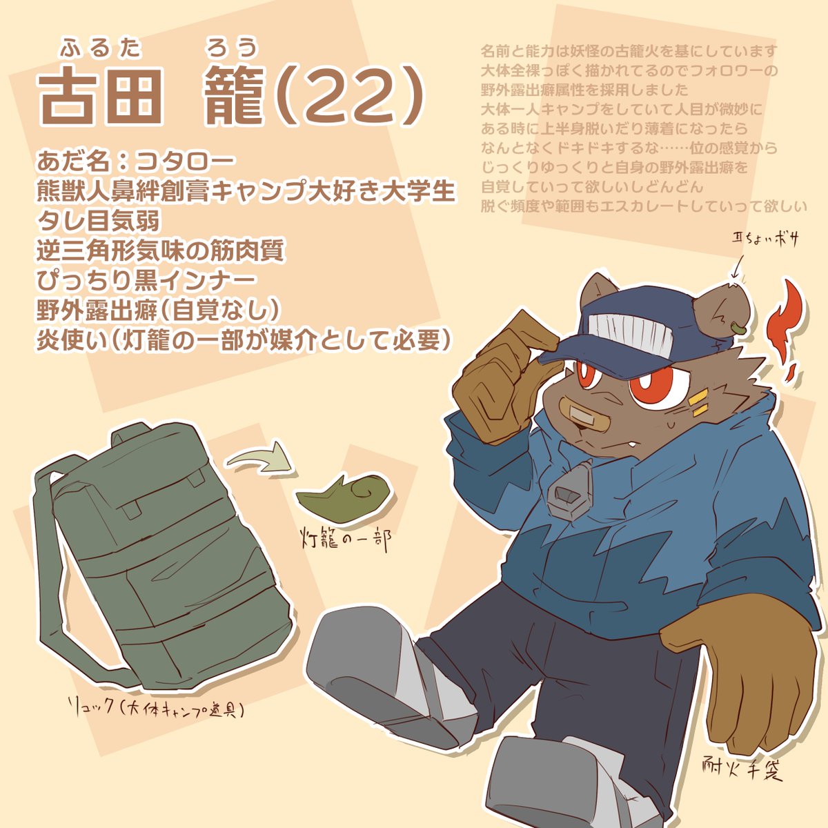 コタローの設定ざっくりまとめました 野外露出癖の兆候が見られる変態熊となりましたがおいしいのでヨシ! 