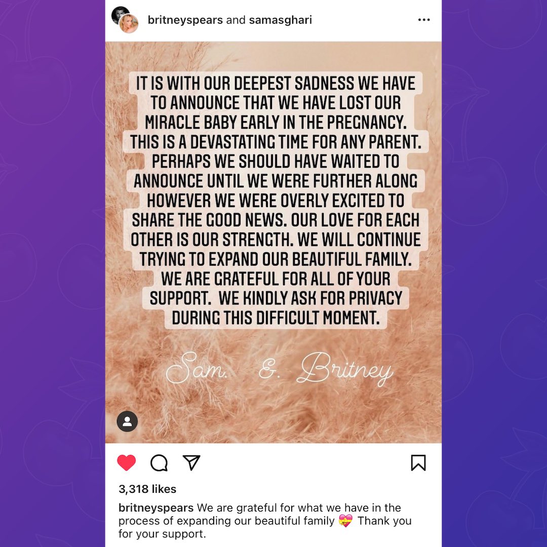 PopBase's tweet photo. Britney Spears and Sam Asghari announce they have sadly lost their baby due to a miscarriage. https://t.co/dSOfZZ8GnI
