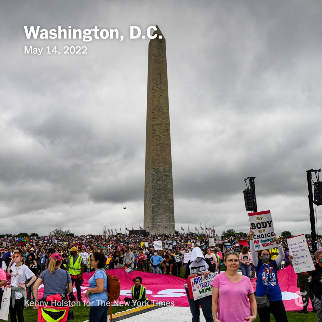 nytimes's tweet photo. Thousands of marchers converged in the nation’s capital and across the country on Saturday to show their support for abortion rights nearly two weeks after the leak of a Supreme Court draft opinion that would overturn Roe v. Wade. https://t.co/Tw2yGnVEY1 https://t.co/73qT7T4cwd