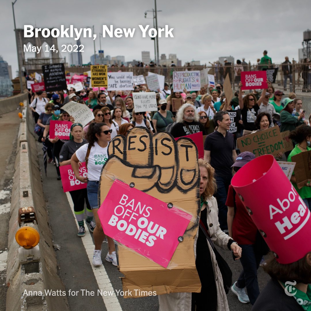 nytimes's tweet photo. Thousands of marchers converged in the nation’s capital and across the country on Saturday to show their support for abortion rights nearly two weeks after the leak of a Supreme Court draft opinion that would overturn Roe v. Wade. https://t.co/Tw2yGnVEY1 https://t.co/73qT7T4cwd