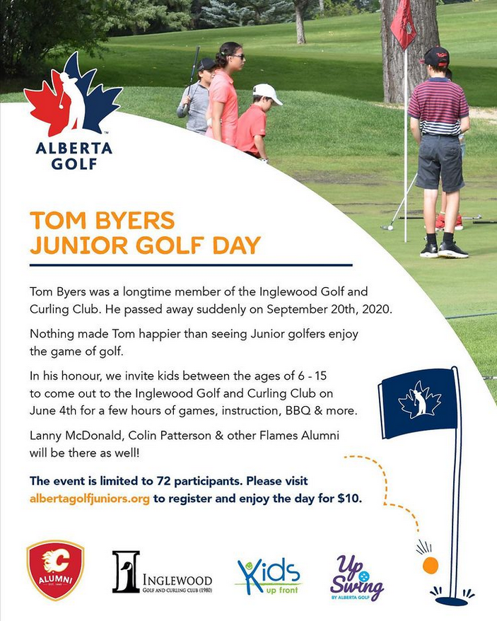 Calling all kids aged 6-15, we will be hosting  the Tom Byers Junior Golf Day, Saturday June 4    Cost is Only $10.
Full info and registration ow.ly/98fR50J5G7Y

<a href="/upswing/">Upswing</a>.golf <a href="/flamesalumni/">Flames Alumni</a> <a href="/kidsupfrontcalg/">Kids Up Front Calg</a>
#juniorgolf #yycjuniors #juniorgofday