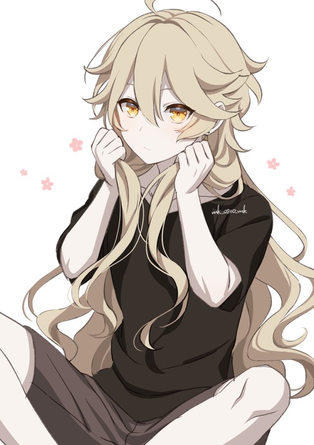 aether (genshin impact) 1boy male focus long hair blonde hair yellow eyes shirt solo  illustration images