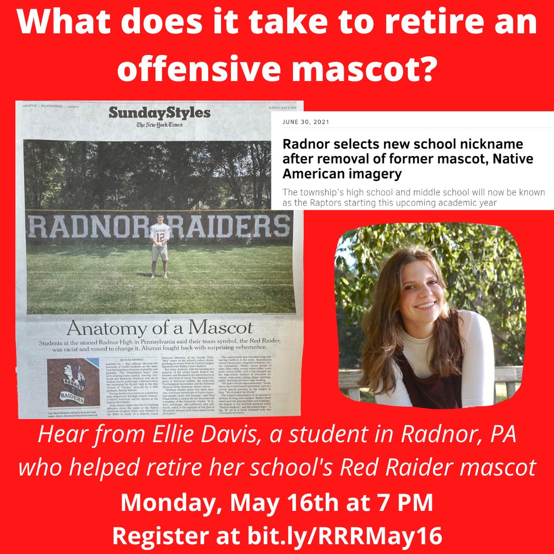 RetireRedRaider's tweet image. Hear about the efforts of activists including Ellie Davis from Radnor, PA at Monday's virtual panel, Retiring the Red Raider Nationwide: A Conversation with Activists Around the Country.

Monday, May 16th at 7 PM on Zoom. Register at bit.ly/RRRMay16.