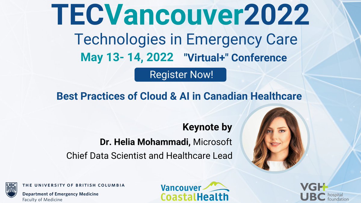 tecvancouverbc's tweet photo. This is going to be a fascinating and inspiring keynote - AI and Cloud in healthcare
#TECVan22 @KHo8888 @msft_businessCA @heliamoh https://t.co/LbgpiDBu2d