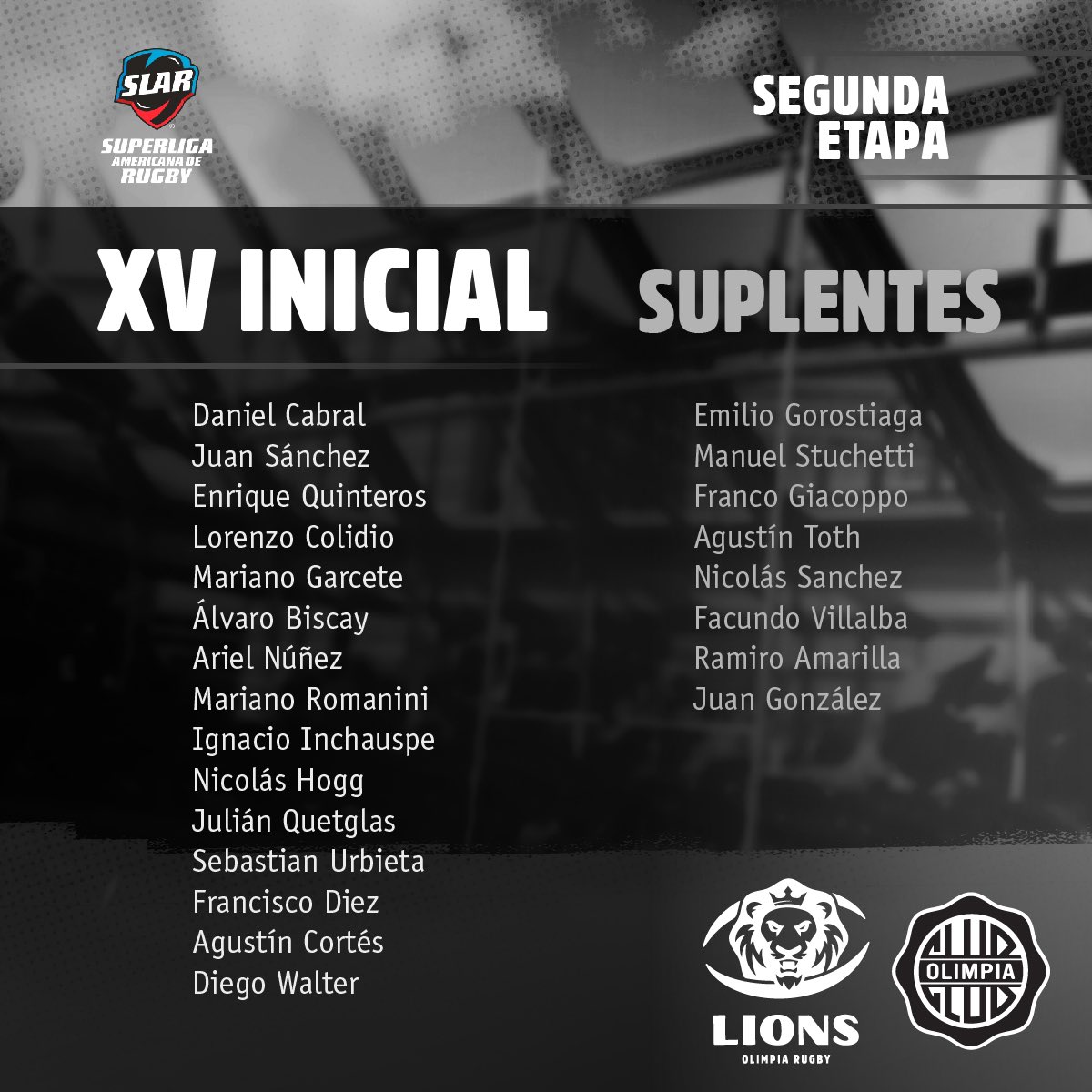 ¡EQUIPO CONFIRMADO!

Nuestros 𝙓𝙑 𝙡𝙚𝙤𝙣𝙚𝙨 para el partido ante #CafeterosPro, por la Fecha 10 de la @SLARugby.

#NeikeLeones 🦁