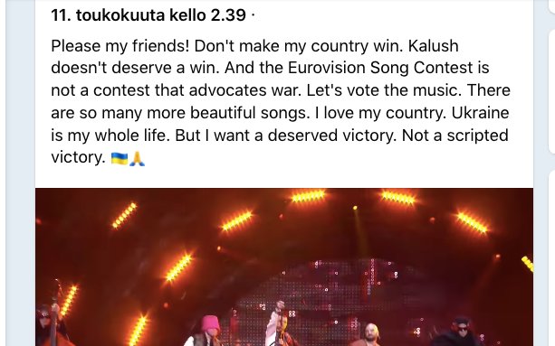 Don't make my country win. #Kalush doesn't deserve a win. #Eurovision is not a contest that advocates war. Let's vote the #music..

#ESCita #Eurovision2022 #ESC2022 #EscIta2022
#Torino #TorinoCheSpettacolo #TorinoCheMeraviglia #euroviisut #euroviisut2022 #UkraineWar #Ukraine