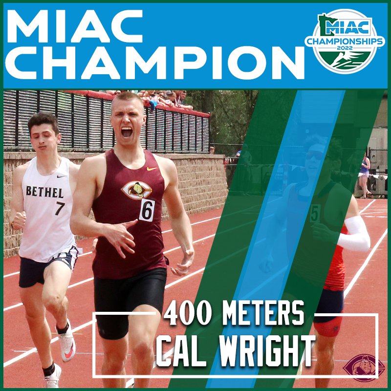 MIAC CHAMPION!
The Wright Stuff! All-American Cal Wright screams as he crosses the line⬇️ in a time of 47.68 to win the MIAC 400M &amp; break his own school record. He is now No.9 in all of Division III this year. #WickedFast #RollCobbs🌽