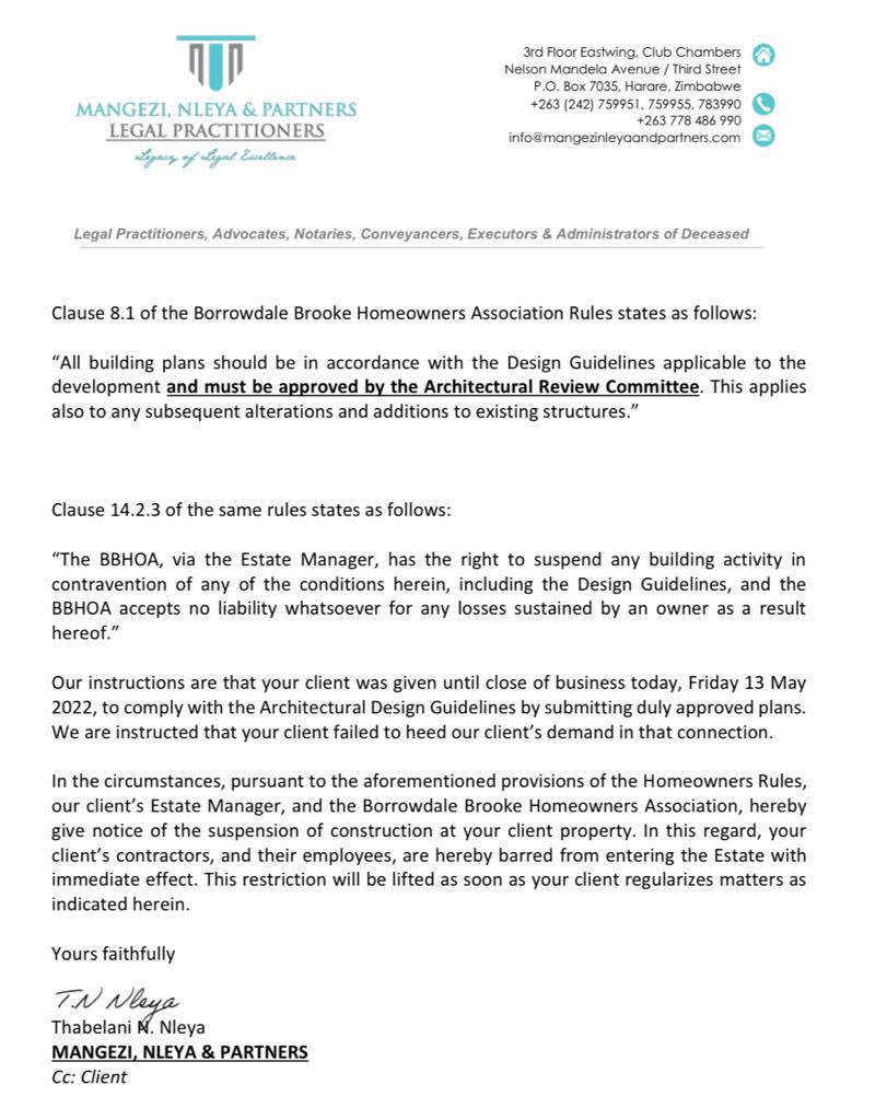 daddyhope's tweet photo. The Borrowdale Brooke Estate has upped the ante against crooked ZANUPF MP for Gokwe-Nembudzia @JusticeMayorW after he violated the architectural regulations of the Estate.

The Estate has removed the access privileges to the tax dodger’s building contractors with immediate effect https://t.co/rWeFn0akGn