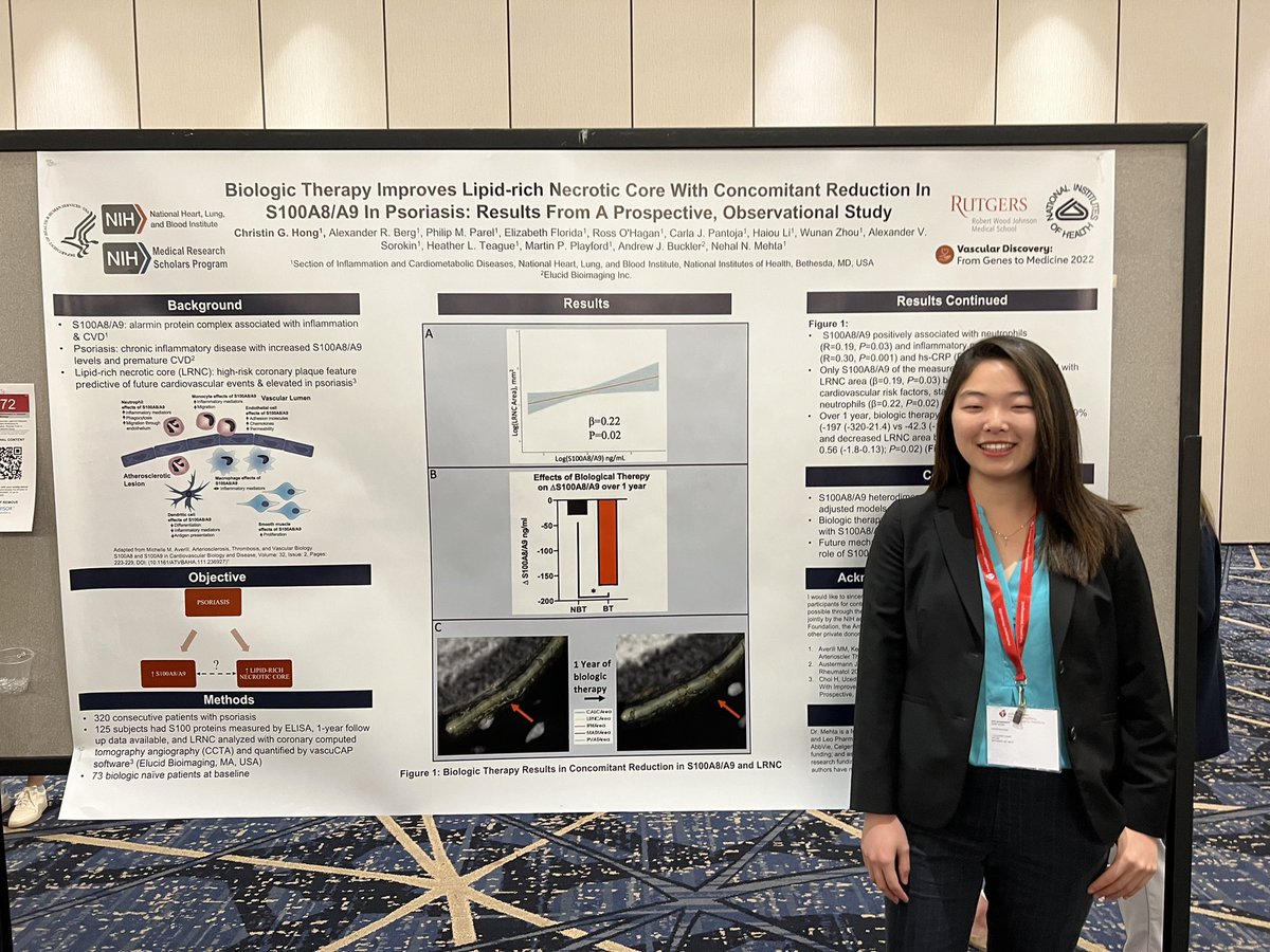 ChristinGKHong's tweet photo. Honored to present @nih_nhlbi research on S100a8/a9 and lipid-rich necrotic core reduction after 1 yr of biologic therapy in psoriasis at the #VascularDiscovery22 conference by @AHAScience @atvbahajournals. Thanks to my amazing mentor @NehalMehtaMD! Full-length manuscript coming! https://t.co/tfhBgotJQw