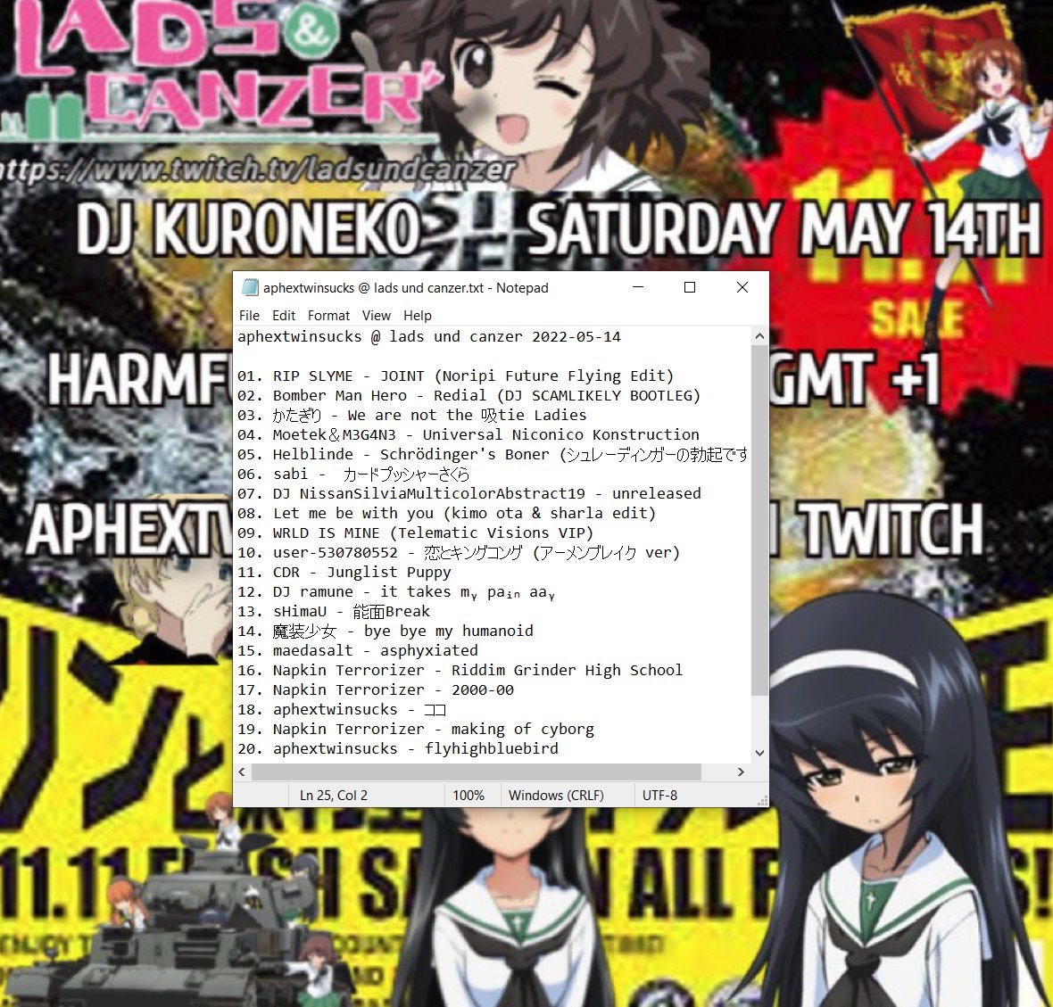 aphextwinsucks's tweet photo. thanks for inviting me to play some distorted tunes <3 

here was the set list https://t.co/bN1Aly6csM