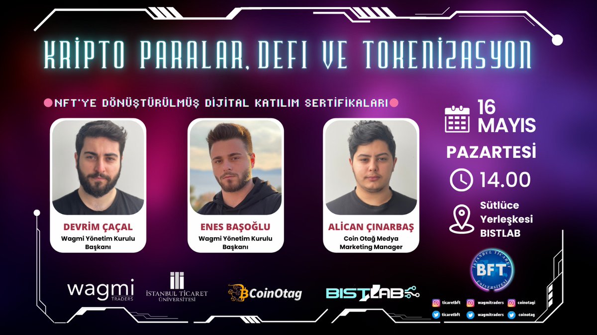 ticaretbft's tweet photo. Bankacılık ve Finans topluluğu olarak bahar dönemimizin son yüzyüze etkinliğini gerçekleştiriyoruz.
16 Mayıs pazartesi günü saat 14:00’da “Kripto Paralar, DeFi ve Tokenizasyon” etkinliğimizle Sütlüce BISTLAB’da buluşuyoruz. https://t.co/8r3nW2QFjF