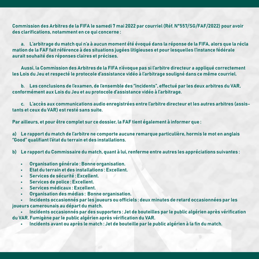 FAFAlgeria's tweet photo. 📄 𝘾𝙊𝙈𝙈𝙐𝙉𝙄𝙌𝙐É : LA DÉMARCHE DE LA FAF AUPRÈS DE LA FIFA EXPLIQUÉE https://t.co/ZuFtVfnTCQ