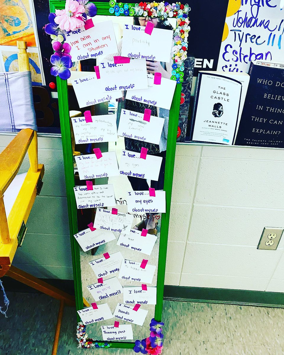 A student shared her visual for her semester project, spending four months studying eating disorders. She asked her classmates to write one thing they love about themselves and tape it to the mirror she made to reflect positivity. #teacher #teachertwitter #edutwitter #positivity
