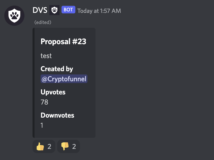 imdogefather's tweet photo. Feature Update:

The much awaited governance feature is now integrated into DVS. 

You can vote 'In favour' or 'against' a proposal by simply clicking on the 👍or 👎 buttons in the proposal. DVS will automatically add votes based on the number of NFTs you hold (Wallet + Staked). https://t.co/a7DkKqP44s