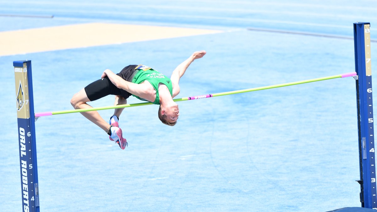 UNDtrackfieldXC's tweet photo. Men's High Jump:

A protest slowed down the scoring of this event.  Austin Wolf's jumps were not involved in the protest.

Wolf earns all-conference honors and the silver medal clearing 2.03m (6-8).  

#UNDproud #LGH https://t.co/7b5YRPVjNh