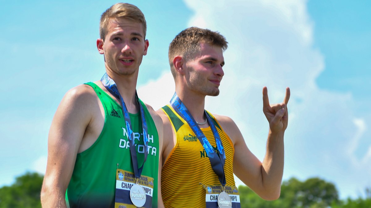UNDtrackfieldXC's tweet photo. Men's High Jump:

A protest slowed down the scoring of this event.  Austin Wolf's jumps were not involved in the protest.

Wolf earns all-conference honors and the silver medal clearing 2.03m (6-8).  

#UNDproud #LGH https://t.co/7b5YRPVjNh