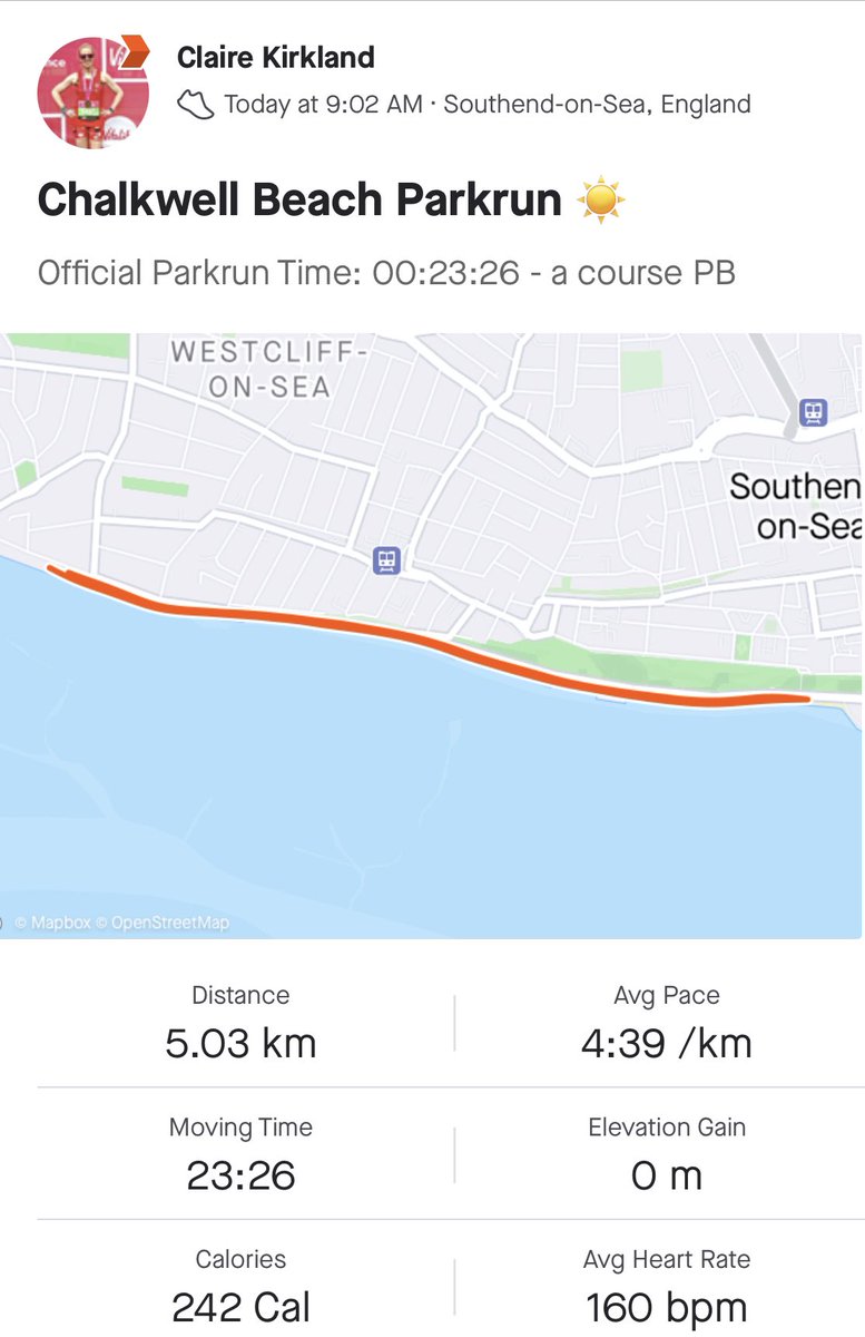 cK_Kirkland's tweet photo. Rare week off volunteering at Chalkwell Beach @parkrunUK so made the most of the perfect conditions and got myself a course PB βΊοΈ 5th lady back, 1st in my age category and 44th overall which I am chuffed with #ukrunchat #running #chalkwellbeach #parkrun #coursepb https://t.co/B32tsqToW3