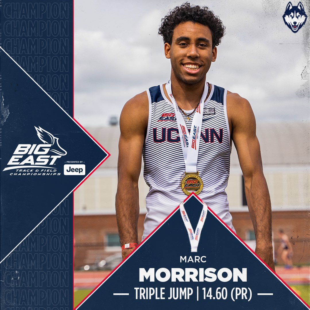 UConnTFXC's tweet photo. OUTDOOR BIG EAST CHAMPION 🏆

Congratulations to Marc Morrison on winning gold in the Triple Jump with a personal record of 14.60 meters!

#BleedBlue https://t.co/x8WcljwKow