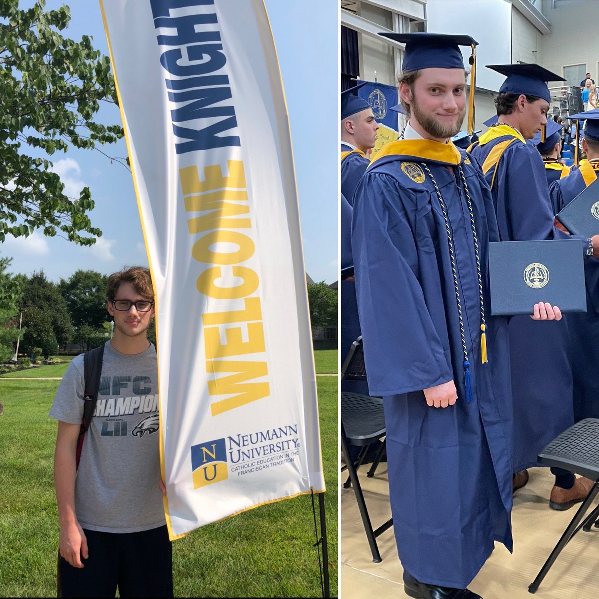 DeniseChain's tweet image. Freshman Move-in Day vs. Graduation Day. Congratulations Joey!! Watching you grow up on campus with me has been a special time few get to cherish. So proud of you! 💙💛 @NeumannUniv #NeumannUniversity #Classof2022 #GoKnights
