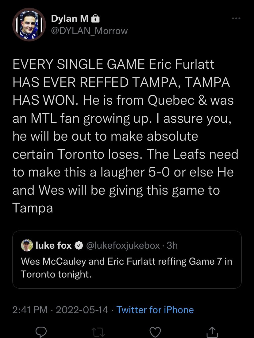 HughesMiniMe's tweet image. It's always the referees fault. It's a vast league wide conspiracy against #LeafsForever who haven't won a series in 19 years