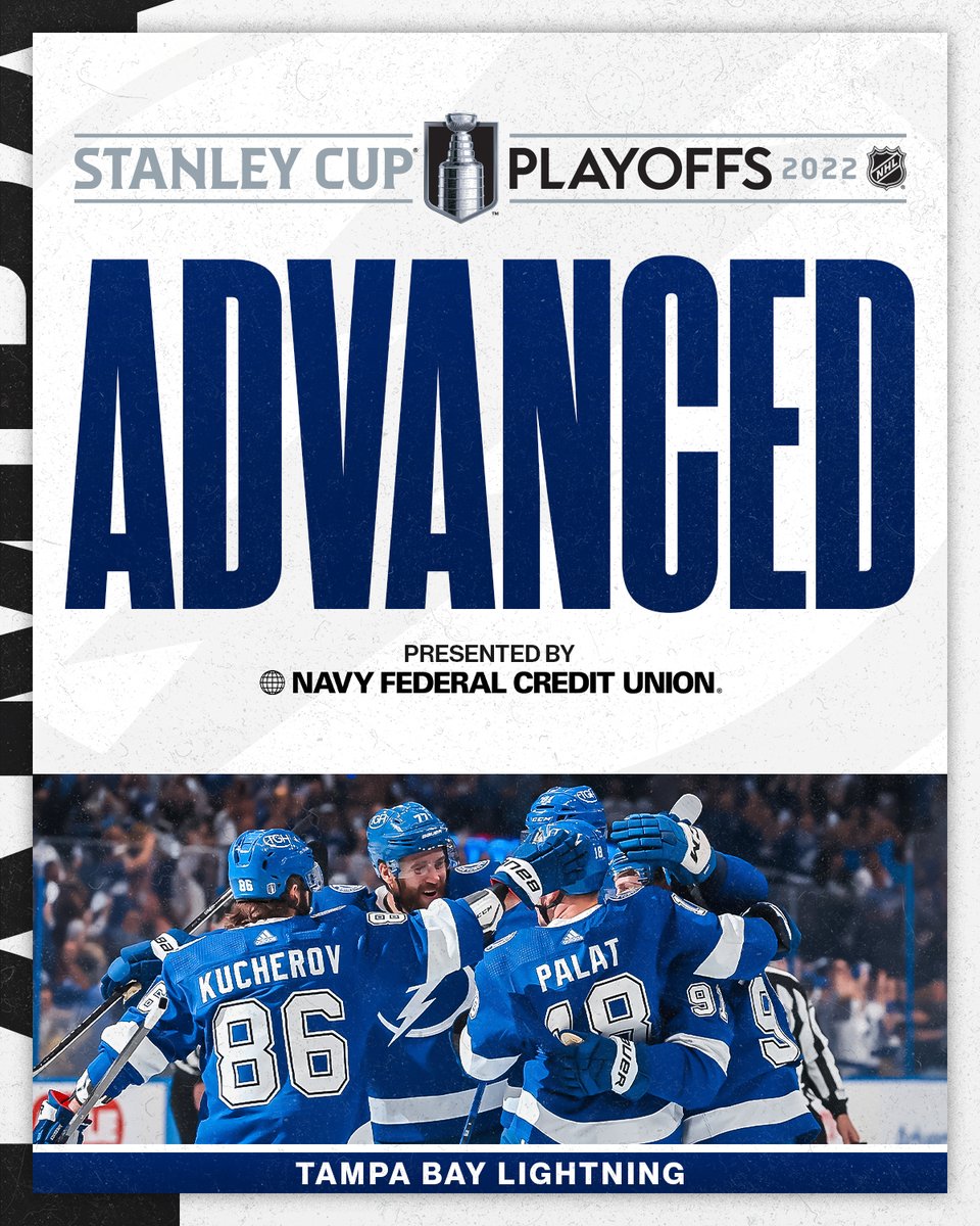 NHL's tweet photo. THE LIGHTNING ADVANCE ⚡

The @TBLightning continue the quest for a three-peat after a First Round #Game7 victory!

#StanleyCup Series win presented by @NavyFederal https://t.co/QSmEBsAmNr
