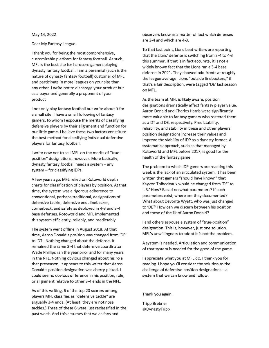 An open letter to <a href="/MyFantasyLeague/">MyFantasyLeague.com</a> regarding #FFIDP position designations...