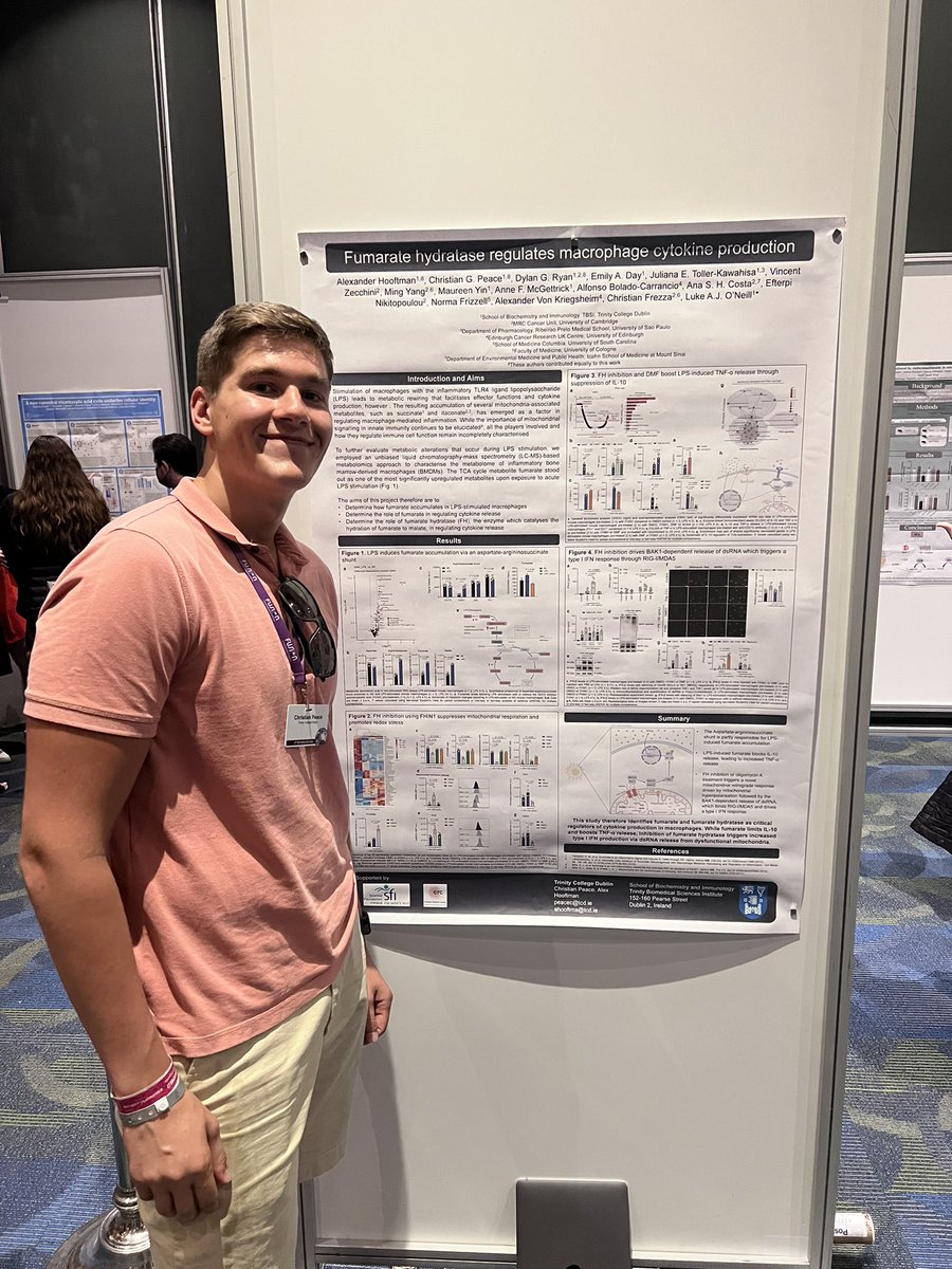 AlexHooftman's tweet photo. Great representation from the @laoneill111 lab at the poster session at #MHD22 with @DiskinCiana presenting her work on indole-3-pyruvate and @ChristianGPeace showcasing our work on fumarate hydratase 👏🏼 https://t.co/t6PKypO4yi