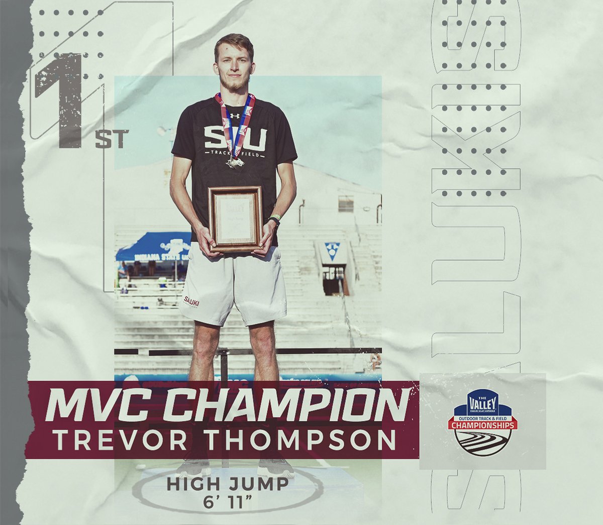SIU_TrackXC's tweet photo. !! 𝐌𝐕𝐂 𝐂𝐇𝐀𝐌𝐏𝐈𝐎𝐍 !!

More on Trevor's High Jump gold⤵️
       》New personal best (6' 11")
       》His first MVC Championship event title
       》SIU's 6th high jump title in last 8 years

#Salukis https://t.co/Q3pKWK8ukm
