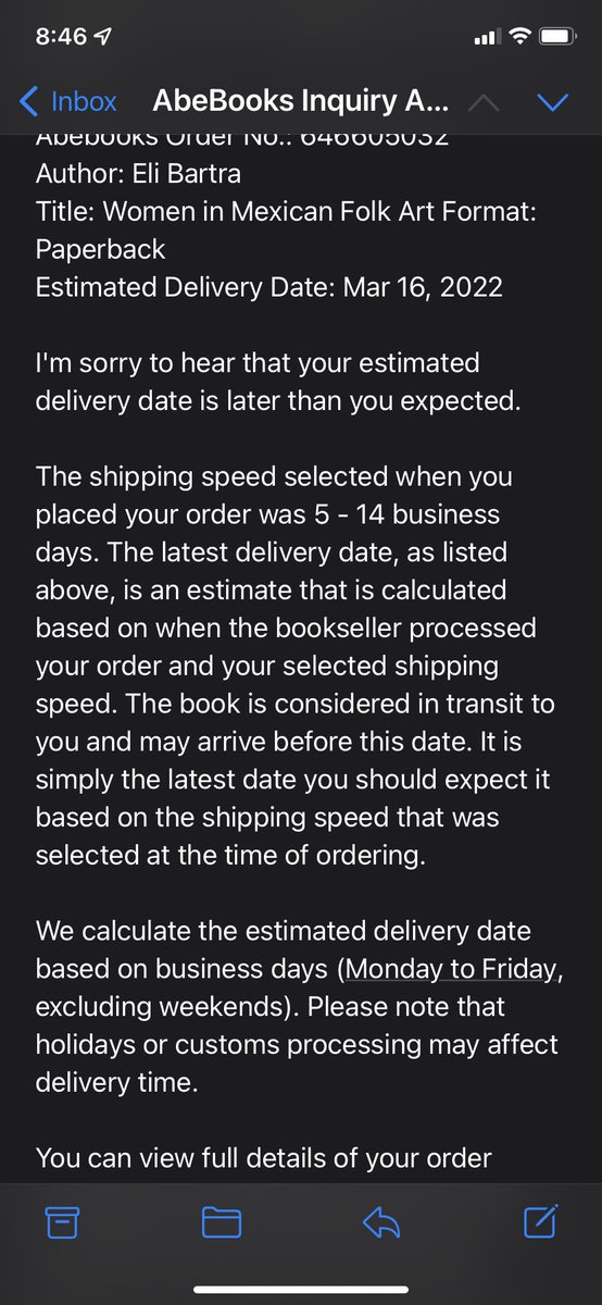 LuisEmmanuelP's tweet photo. Here is the email I received today in response about my complaint about my book that never arrived…. See the estimated delivery date? March 16! They obviously didn’t even read my email. https://t.co/TkUv1i4o9n