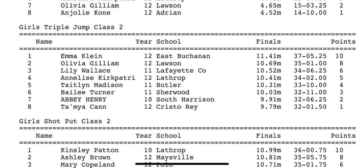 Huge shout out to <a href="/lily_wallace_/">lily wallace</a> for breaking the school record today in the triple jump with a jump of 10.52 (34-6.25’)meters and advancing to state next week!!