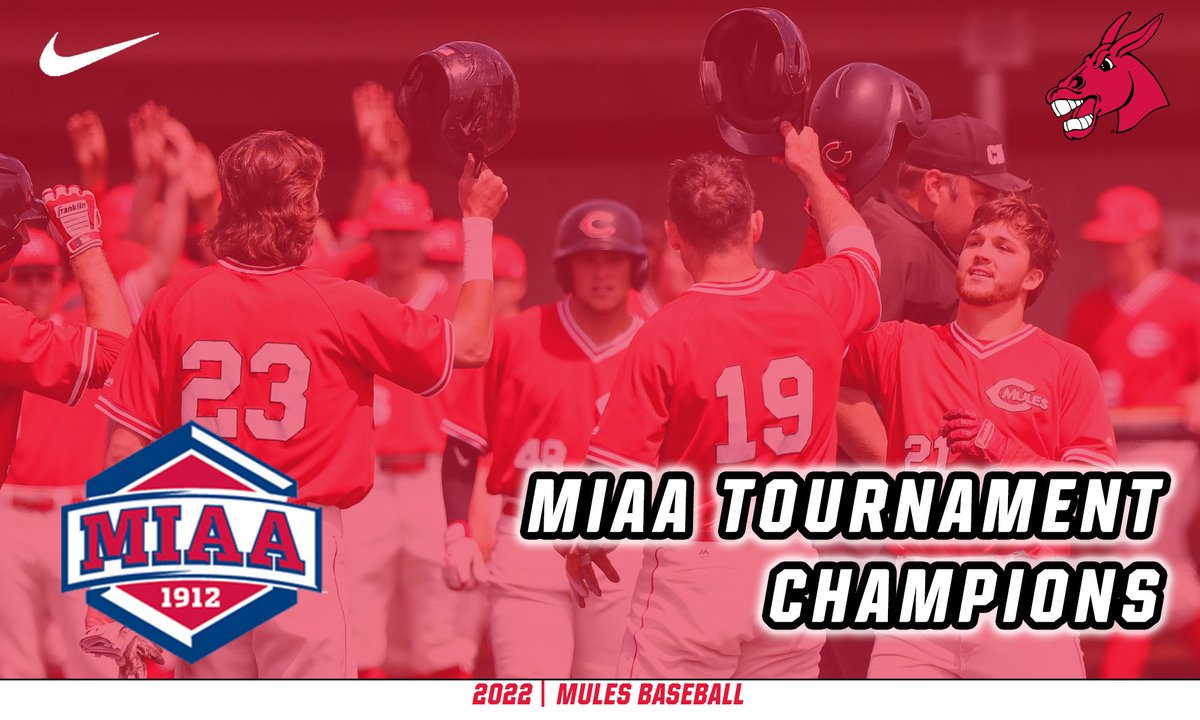 Mules_Baseball's tweet photo. Your 2022 @TheMIAA Baseball Tournament Champions!

We win our 4th straight MIAA tournament crown with a 10-5 win over Washburn.

#teamUCM x #RollStable https://t.co/PVqxR4oENm