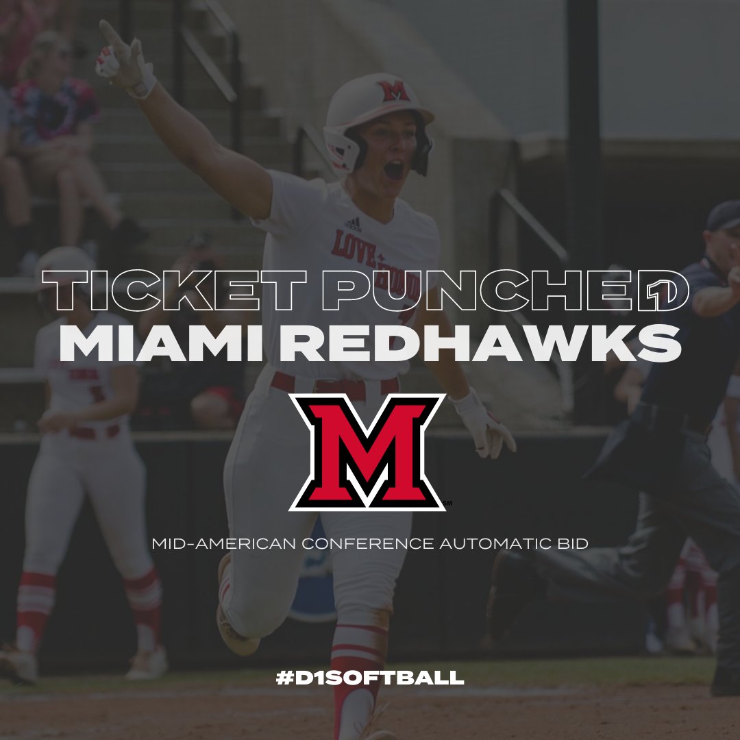 D1Softball's tweet photo. TICKET PUNCHED 🎟

@MiamiOH_SB wins the @MACSports tournament and earns an automatic bid to the @NCAASoftball tournament. 

Automatic bid tracker ➡️ https://t.co/zOAYJehxPz https://t.co/wj0igXYVDu