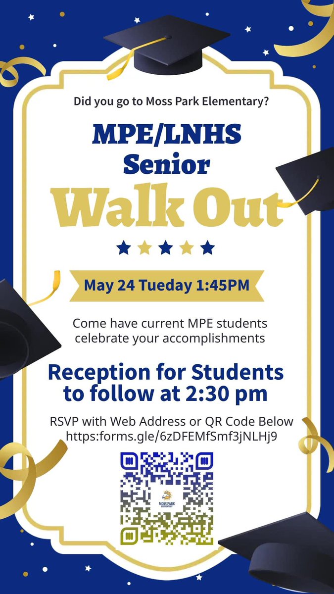 MossParkES_OCPS's tweet photo. This will be our first annual Senior Walk Out for the LNHS class of 2022!  If you know any seniors please share! @lakenonahigh @OCPSnews @DrBorder_OCPS @WilliamMSES @SheliaWindom https://t.co/mGoecFifDJ
