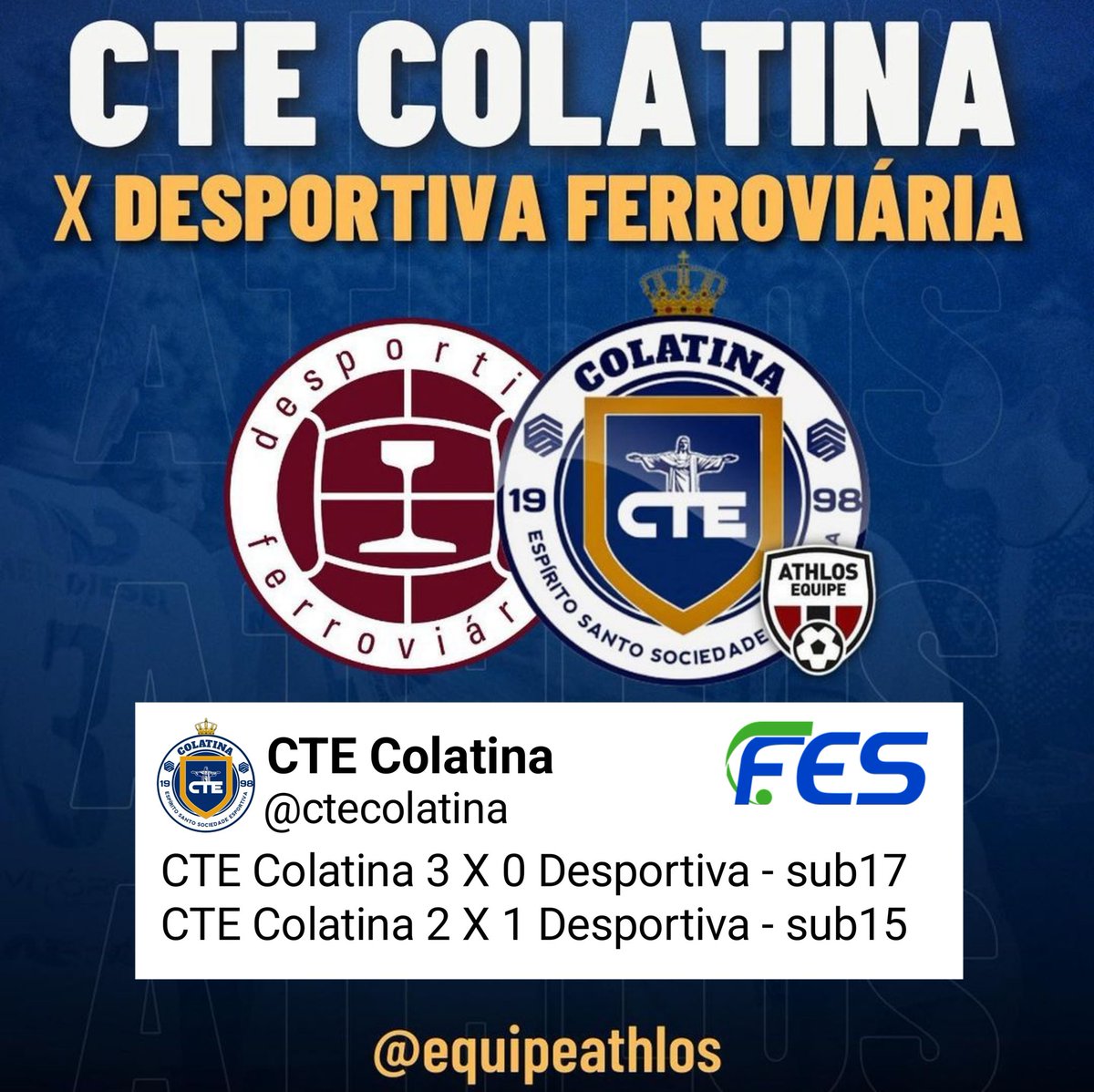 ctecolatina's tweet photo. 🗣 Em uma tarde muito feliz, nossas categorias do sub15 e sub17 venceram suas partidas diante da Desportiva Ferroviária pelo estadual, hoje no Engenheiro Araripe. Seguimos 💪💪💪 https://t.co/wb3Fa7cdRr