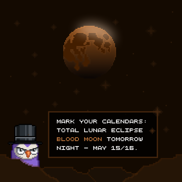 tothemoonbird's tweet photo. Mark your calendars: total lunar eclipse Blood Moon tomorrow night — May 15/16.

Viewing details courtesy of @timeanddate 
https://t.co/gaDRRkwpA4 

#LunarEclipse #space https://t.co/CCzXKYQVcN