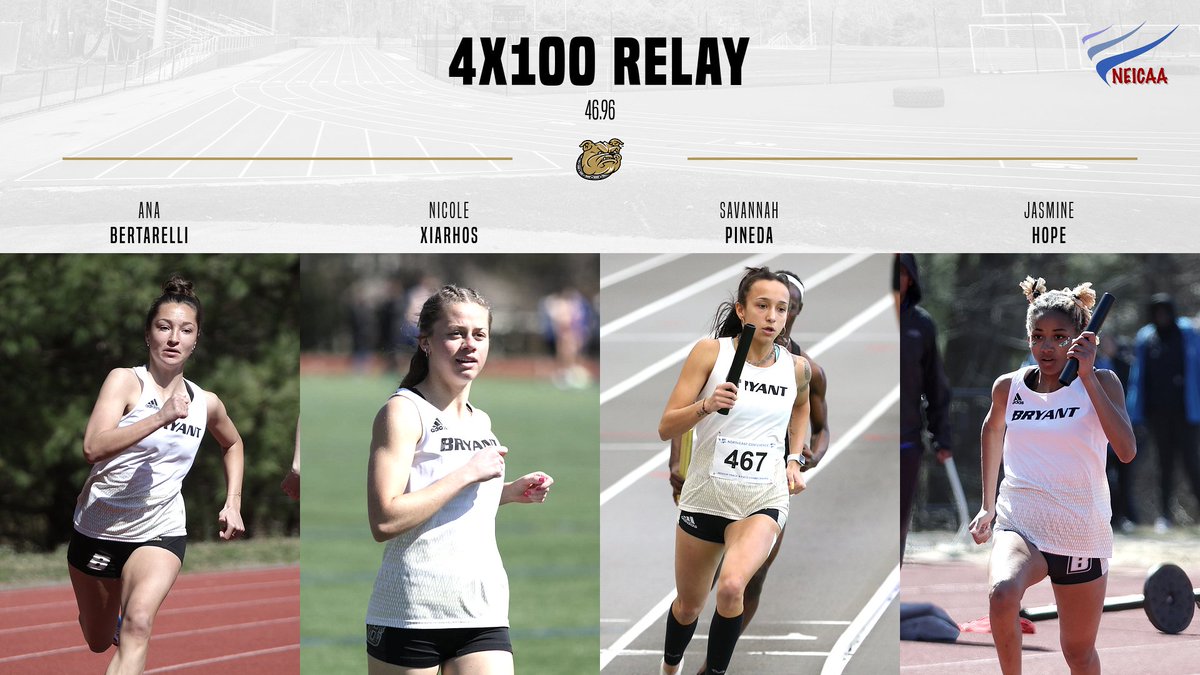 BryantXCTF's tweet photo. Congrats to the 4x100 team of Ana Bertarelli, Nicole Xiarhos, Savannah Pineda, and Jasmine Hope on a bronze medal and new program record at today's New England Championships! https://t.co/XB6gBw9YSp