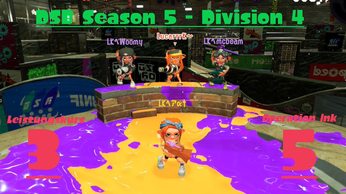 Heute spielten wir in der ersten Woche der @DSplatoonLiga gegen Operation Ink. Wir hatten 3-5 verloren. GGs an alle
Roster:
@SplatPatLK - Jr Onetrick
<a href="/WoomyBrawl/">🌟Woomy🌟 Dreckiger Dan</a>  - K-Shot Onetrick
@SqueezerEnjoyer - Squeezer, Soda (MVP)
<a href="/mcbeam310/">mcbeam310</a> - Pro, Jet, Blob