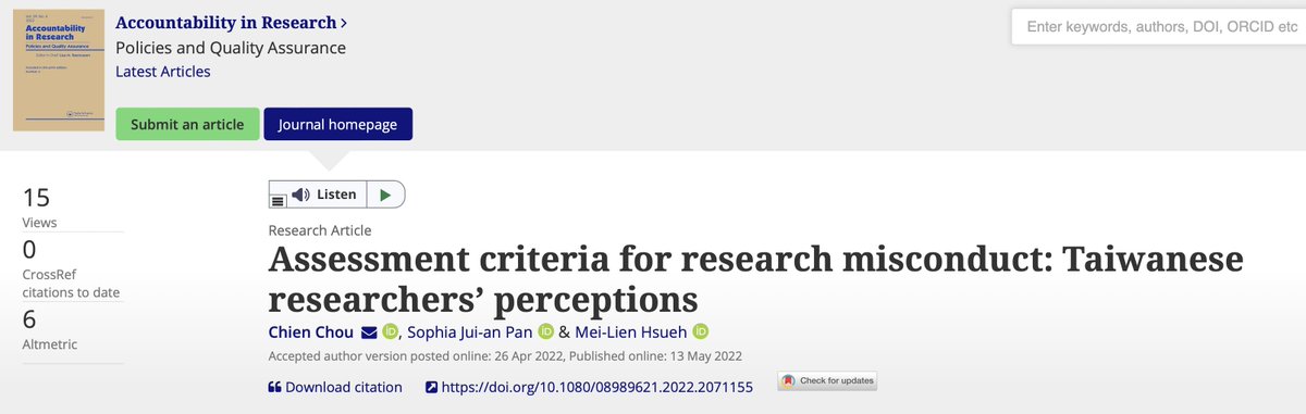 New paper in Accountability in Research! We presented The Assessment Criteria for #ResearchMisconduct, hoping it can become “the ruler in the heart” (a Chinese proverb) for making judgments on misconduct allegations more substantial and efficient. doi.org/10.1080/089896…