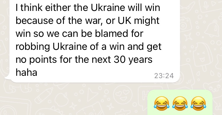 SivvyBird's tweet photo. Reckon my cuz hit the nail on the head ๐ฌ๐ง๐ณ๏ธโ๐๐บ๐ฆ๐๐ช๐บ
#nullpoints #SamRyder #Eurovision #musicnotwar #Ukraine #puckfutin https://t.co/U2UtamqiSO
