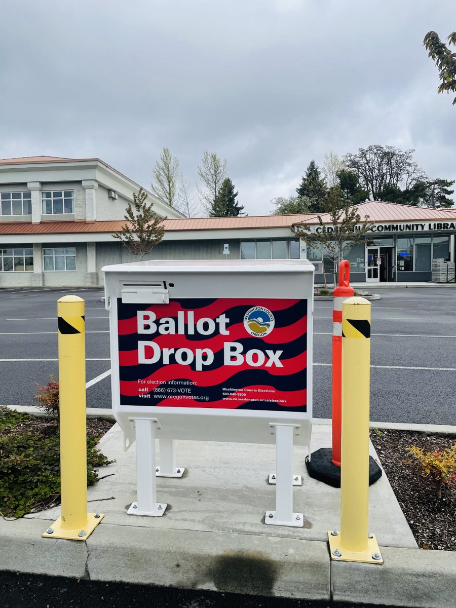 CedarMillLib's tweet photo. Both Cedar Mill Library and Bethany Library have permanent ballot boxes. You can drop off any Oregon ballot, and stamps are not necessary. Don't forget to #vote! https://t.co/L6t5hPZS5a