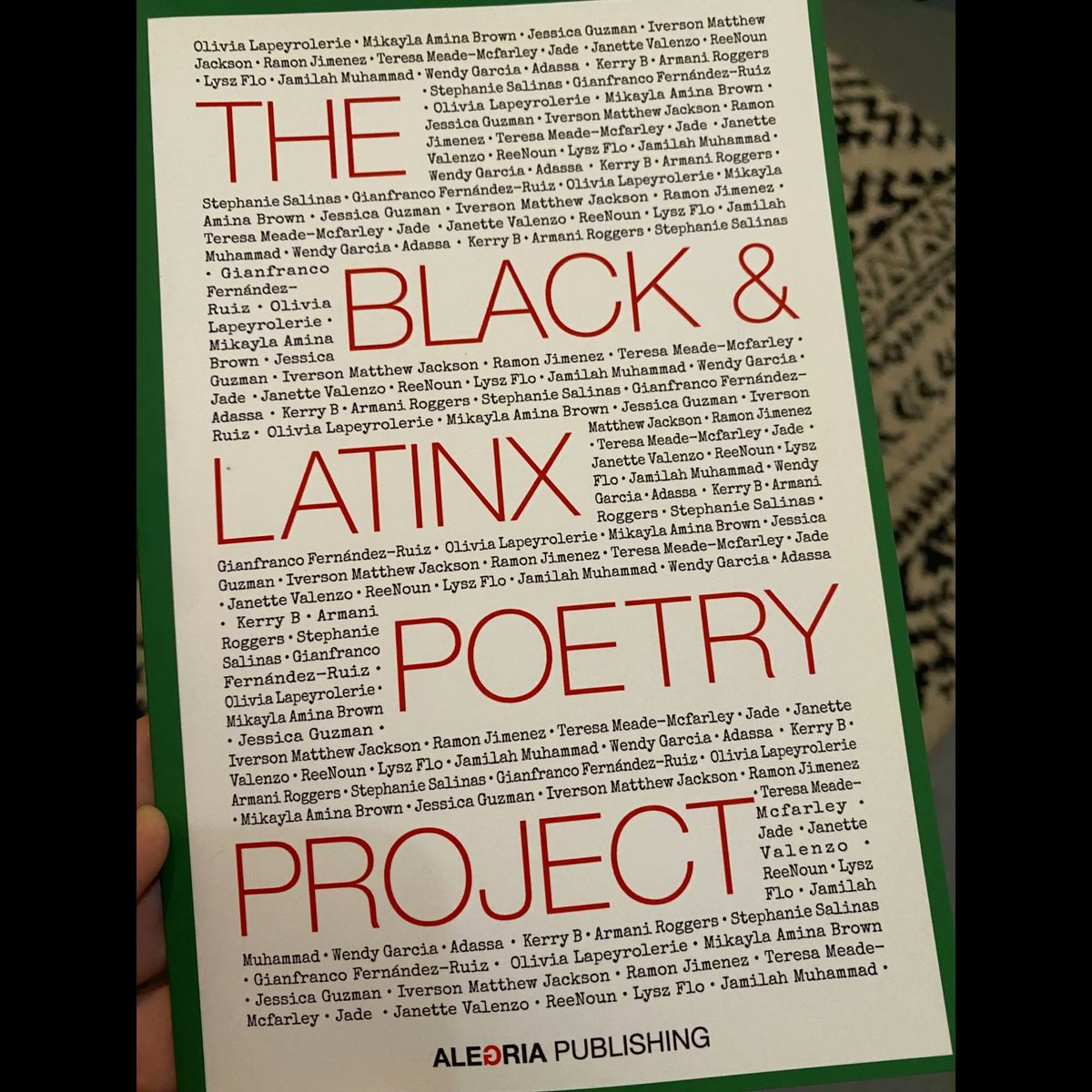 alt_field's tweet photo. The Black & Latinx Poetry Project
2020, @ALEGRIAmagazine
9781734725247
“… 20 emerging poets amplifying relevant cultural narratives & shining a light on the rich humanity contained within our stories. We are very much alive & we are everywhere.
#poetry #inourlibrary https://t.co/NZ6jPFEdsq