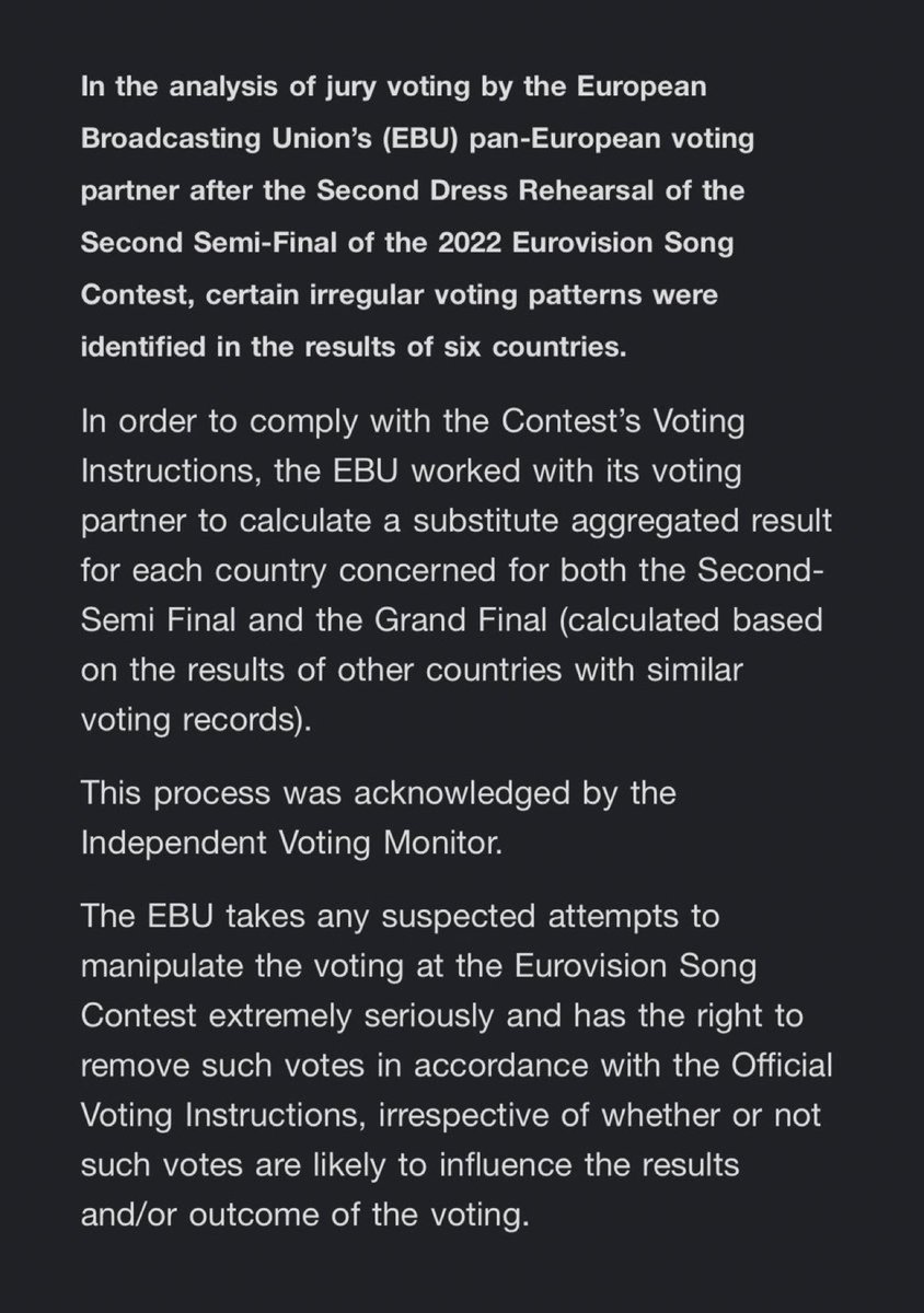 🇪🇺 | URGENTE: Sospecha de intento de manipulación de votos en Eurovisión: declaración recién emitida que señala que "se identificaron patrones de votación irregulares en los resultados de seis países".