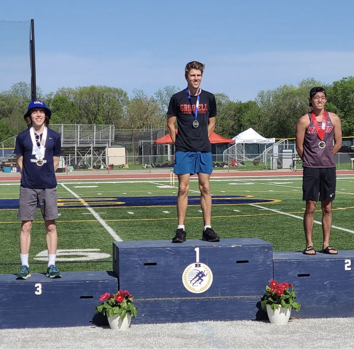LawrenceXCTrack's tweet photo. Podium shot for the men's 3000m Steeplechase: Dylan Coble finished 3rd place with a new PR OF 10:08!

That is Dylan's 2nd All-Conference honor of his career! #govikes #allconf https://t.co/JcpTI8or7h