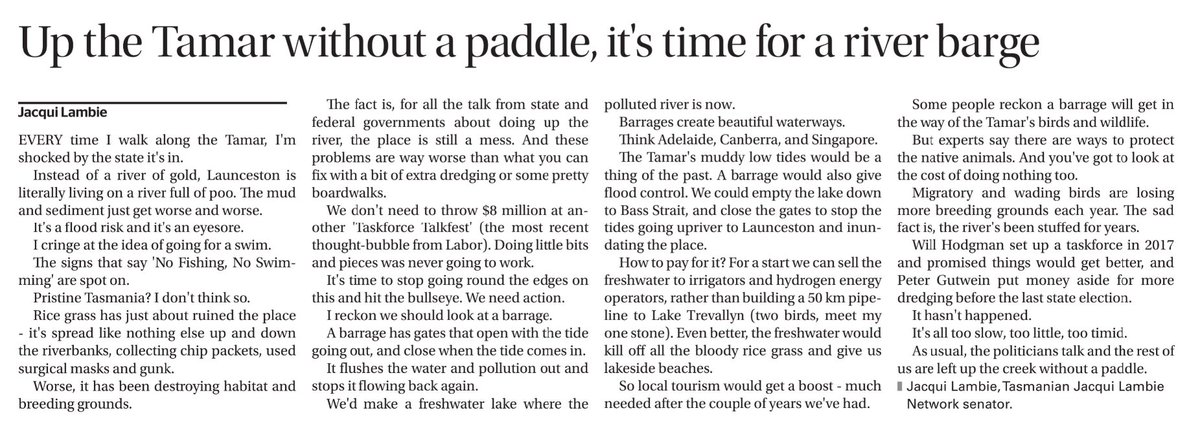 Jacqui Lambie wants a barrage in the Tamar River, except studies have found this would cause a mass dieback of all saltwater species, nutrient pulses, monosulfidic black ooze, potential of a eutrophic lake, and groundwater to flood parts of Launceston #politas
