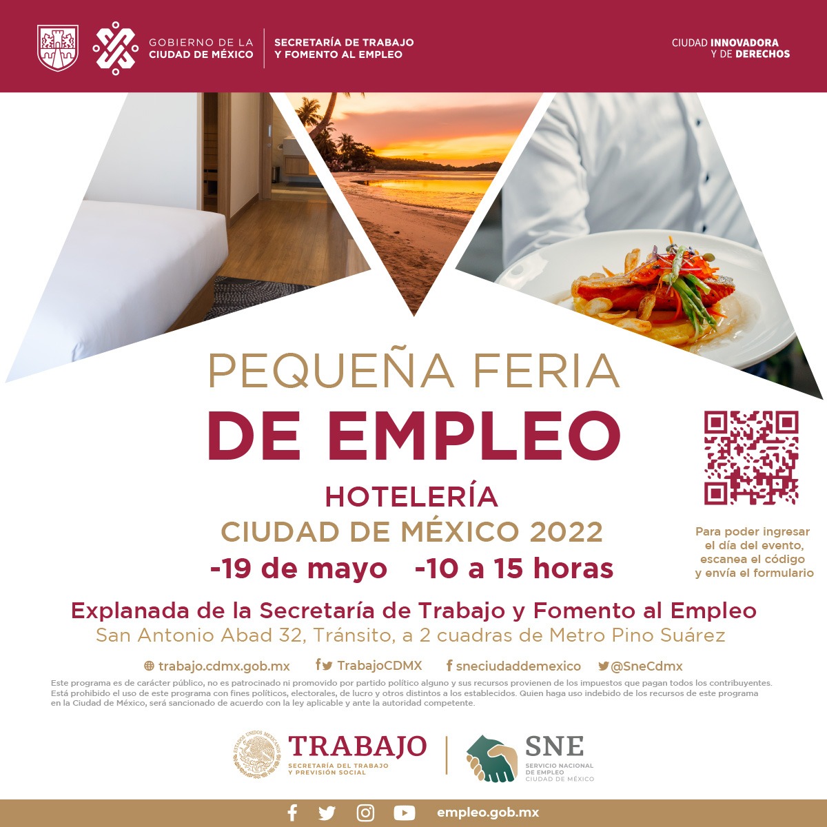 ¿Te interesa trabajar en el sector hotelero? 🏨🍴Asiste a la #FeriaDeEmpleo que realizaremos en la explanada de #TrabajoCDMX. 
Vacantes en #CDMX y diversos destinos turísticos del país. 
Registro previo👉ferias.empleo.gob.mx/home
<a href="/Claudiashein/">Claudia Sheinbaum Pardo</a> <a href="/Luis_diazdeleon/">José Luis Rodríguez Díaz de León</a> <a href="/STPS_mx/">STPS México</a> <a href="/SneCdmx/">Servicio Nacional de Empleo CDMX</a>