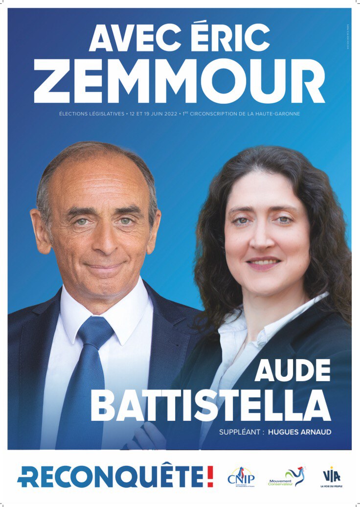 Votez pour @AudeBattistella  la candidate Reconquête Haute-Garonne sur la 1ère circonscription.
#Reconquete #Legislatives2022 #Circo3101 #Toulouse #AudeBattistella2022