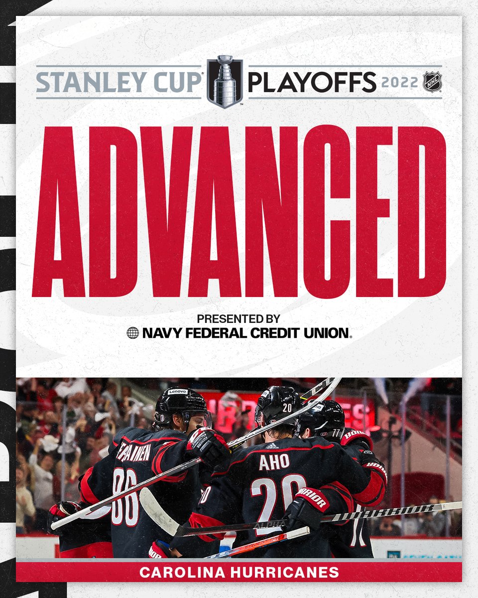 NHL's tweet photo. THE HURRICANES ADVANCE 🌪️

The @Canes are moving on to the Second Round after a huge #Game7 victory!

#StanleyCup Series wins presented by @NavyFederal https://t.co/PtpiWt557C